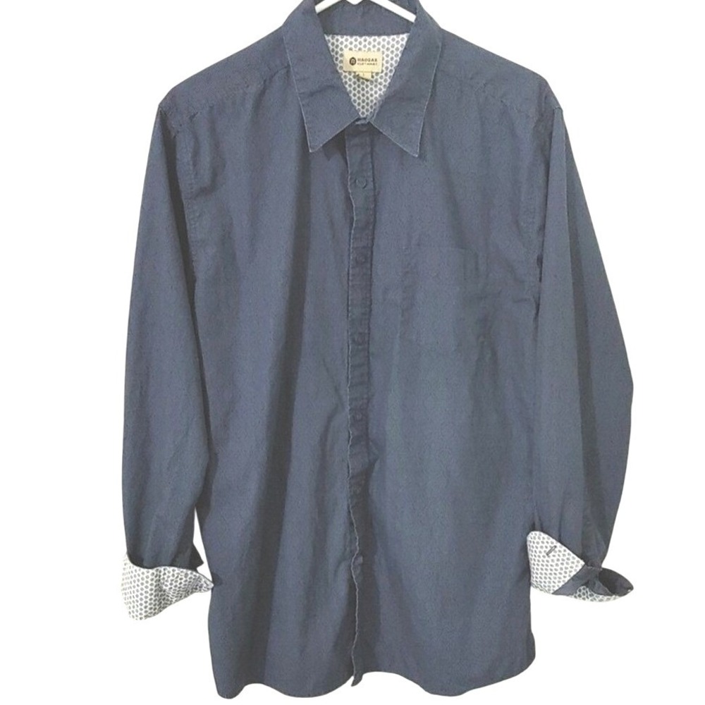 Haggar Mens Navy Blue Micro Pattern Button Down Shirt Long Sleeve Cotton Large